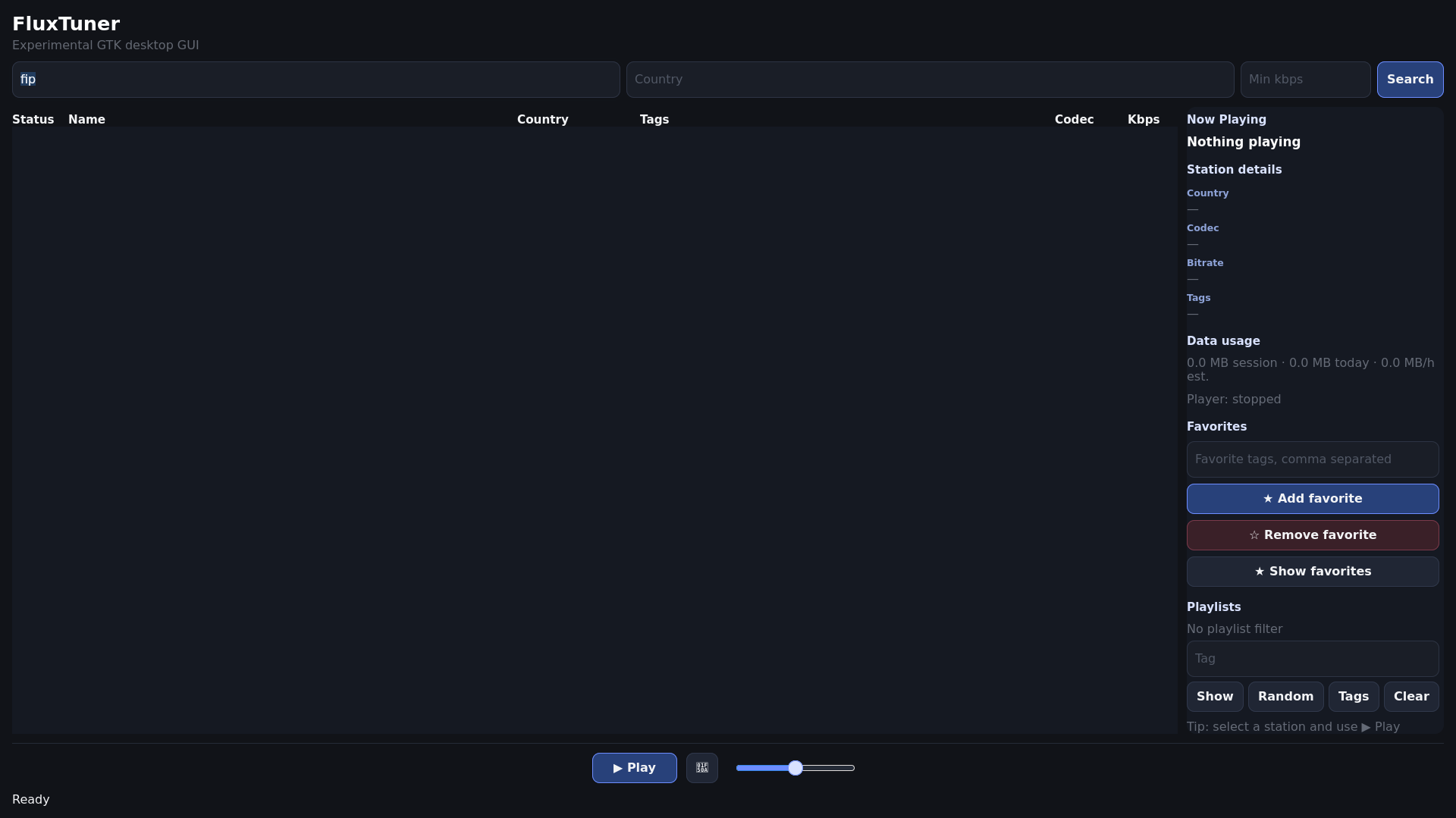 FluxTuner GTK4 interface showing playlists