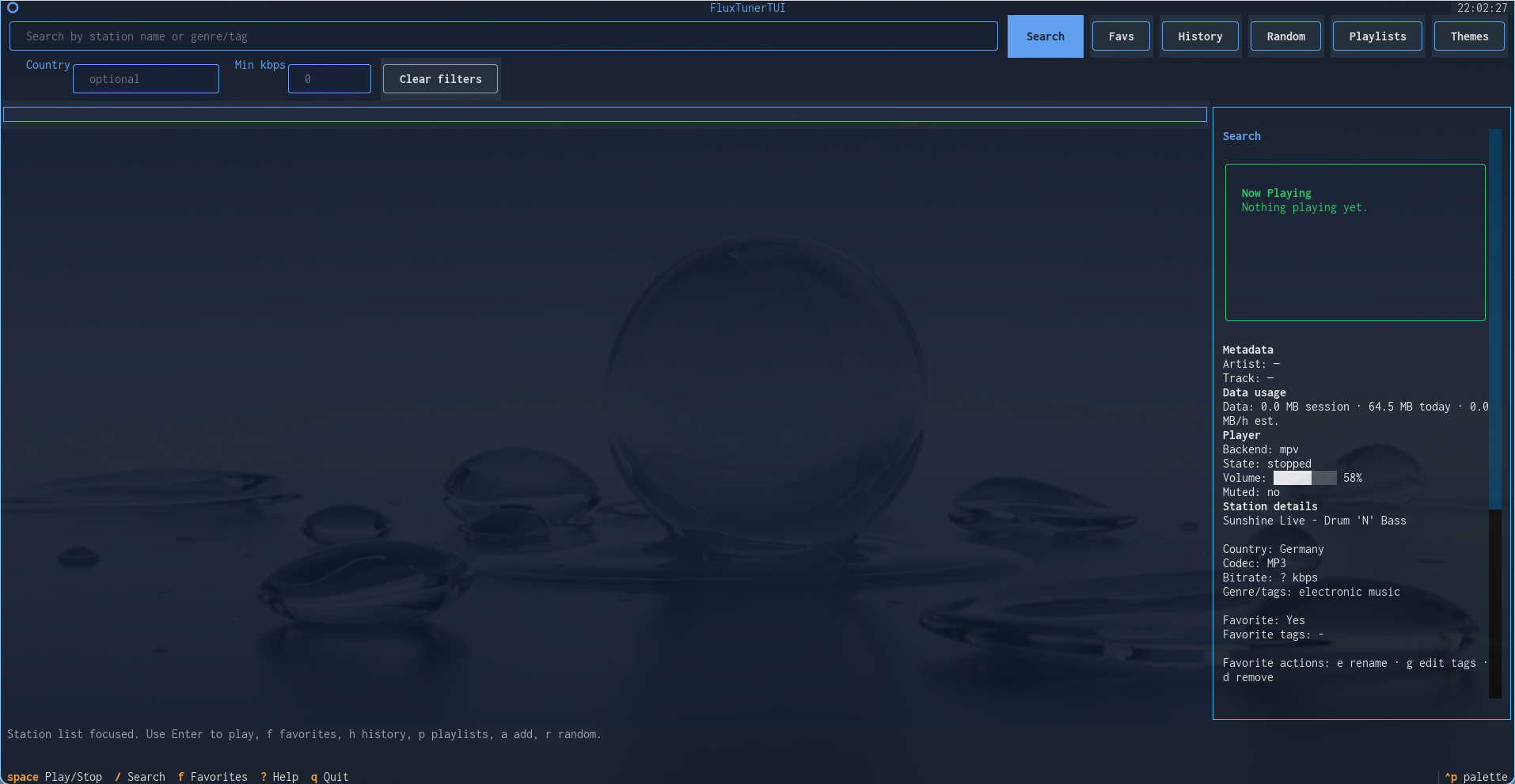 FluxTuner Textual terminal interface with station list and playback details