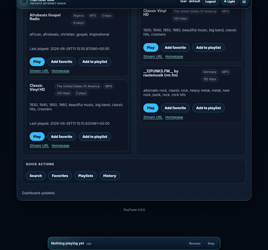 FluxTuner Web dashboard in dark mode